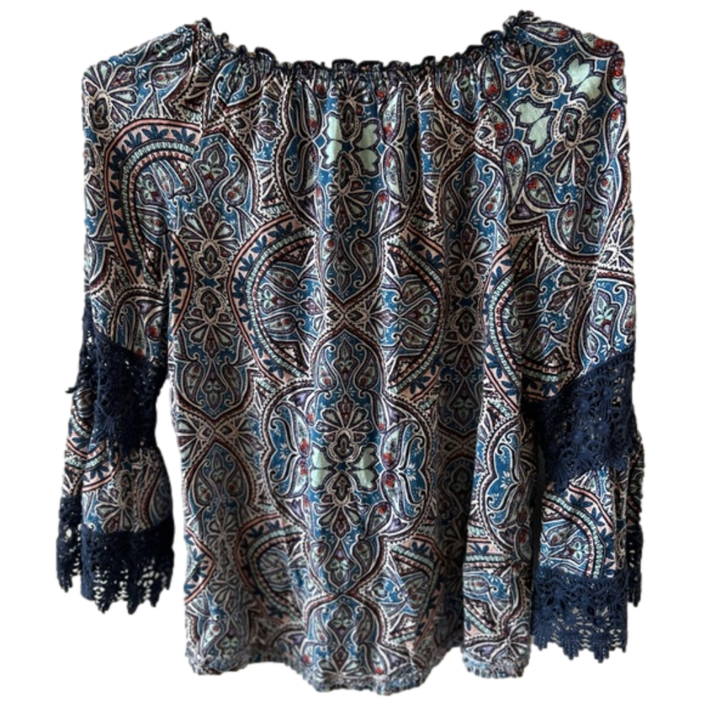 Democracy Bohemian Blue Size Small Top Bell 3/4 Length Sleeve Paisley Lace - Picture 2 of 10